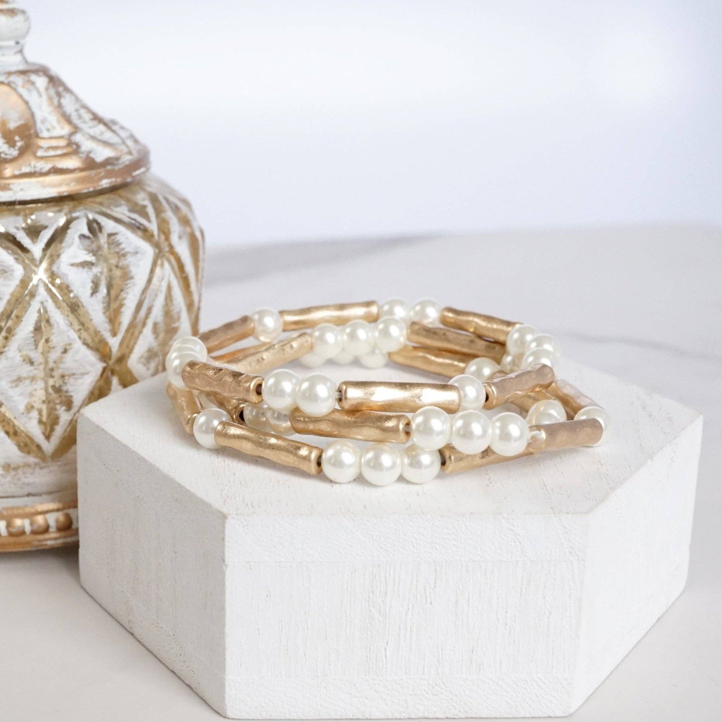 Pearls & Antique Gold Tube Beaded Bracelet Set 0073