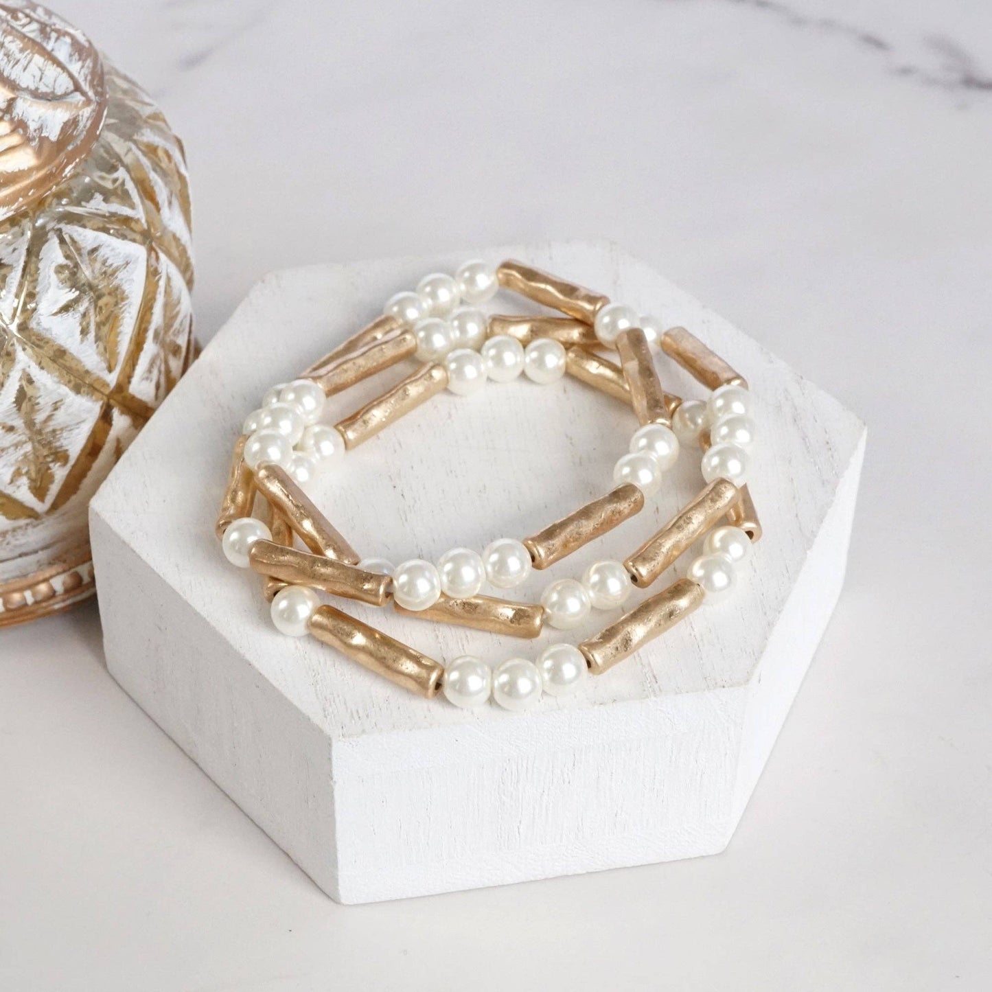 Pearls & Antique Gold Tube Beaded Bracelet Set 0073