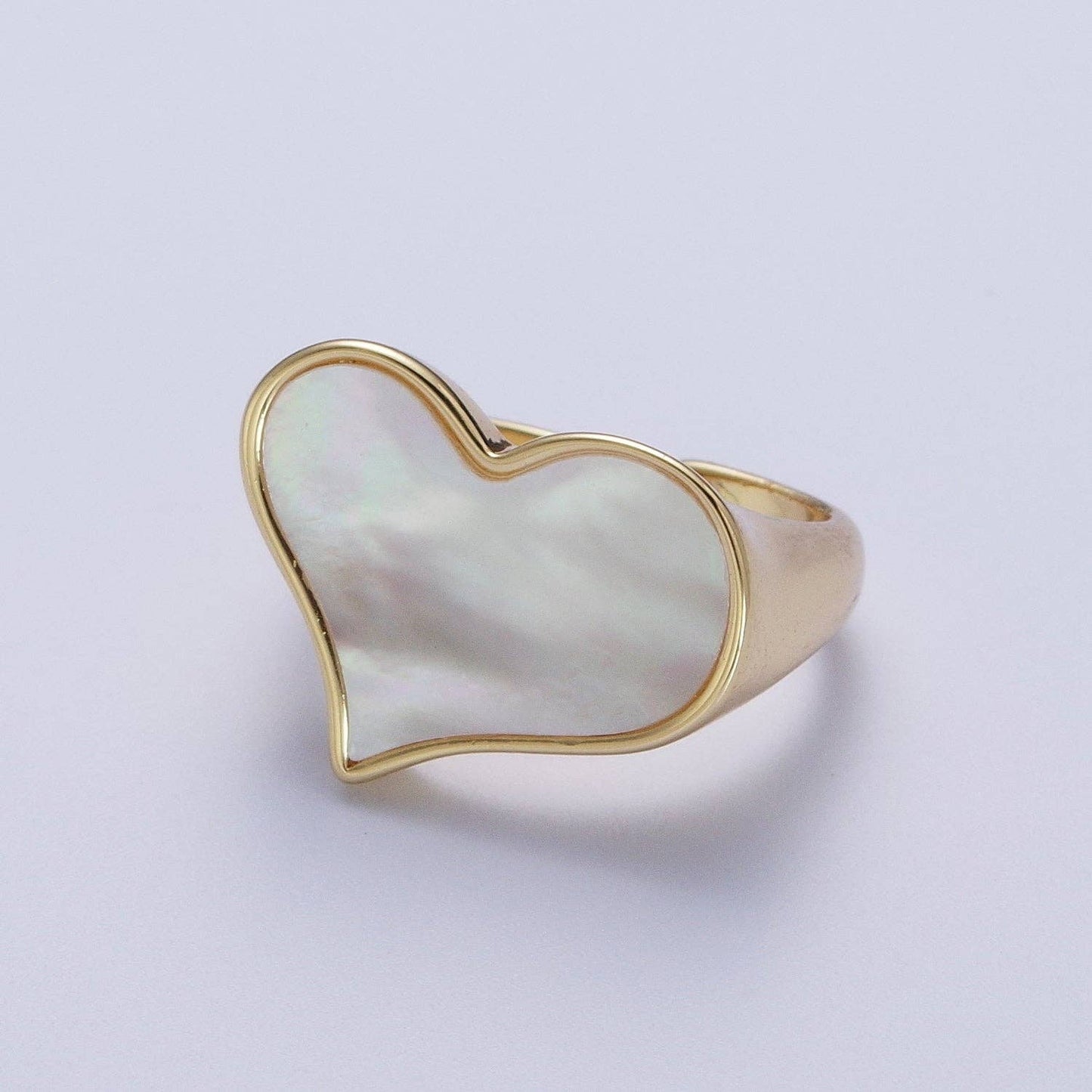 GoldFilled Love Heart White Shell Pearl Wide Band Ring O1997
