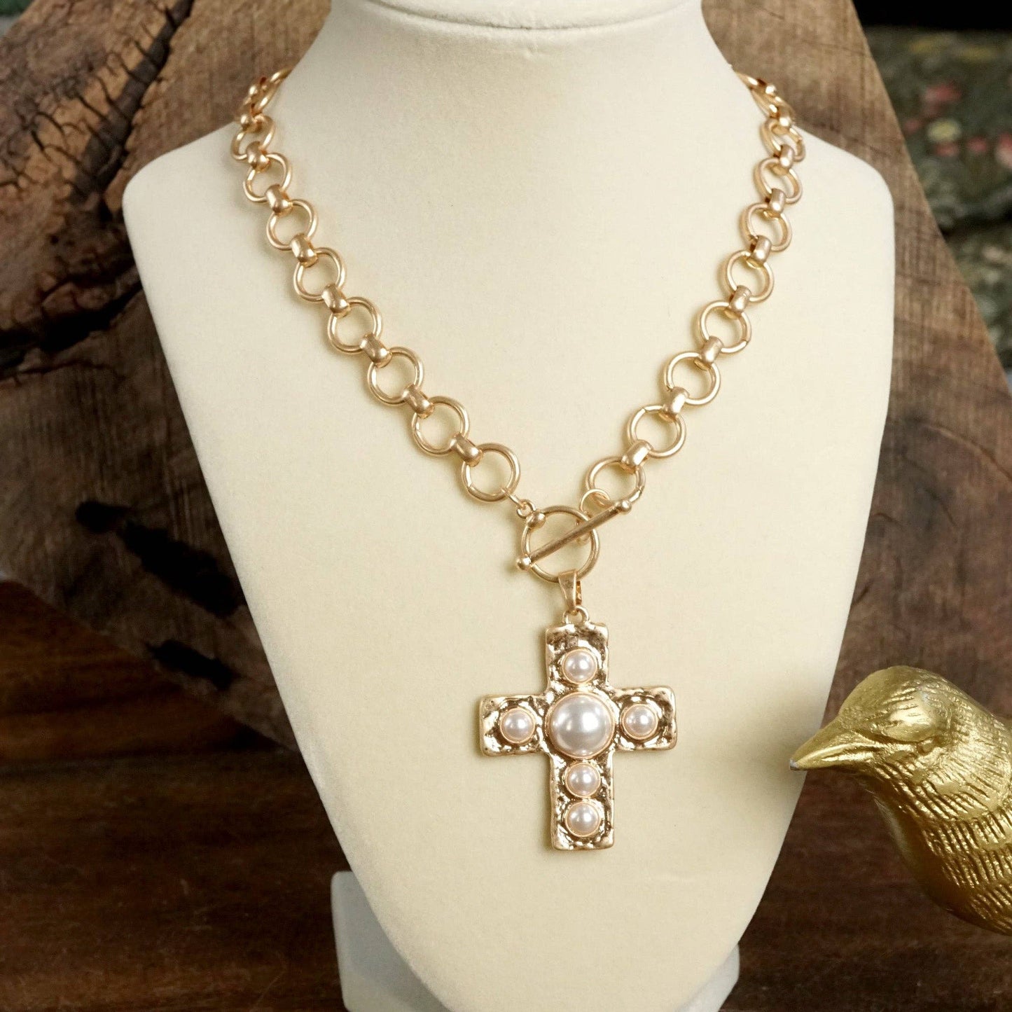 Primitive Cross Necklace – Worn Gold Tone with Acrylic Turquoise or Pearl Cabochons