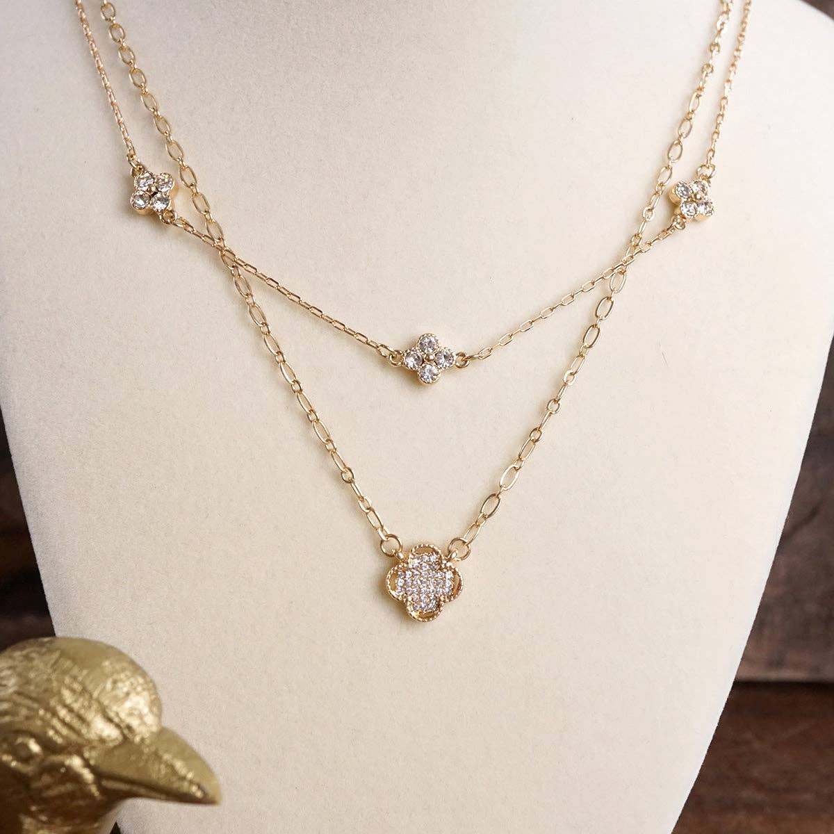 Lucky Light – Double Layer Clover Charm Necklace with Crystals