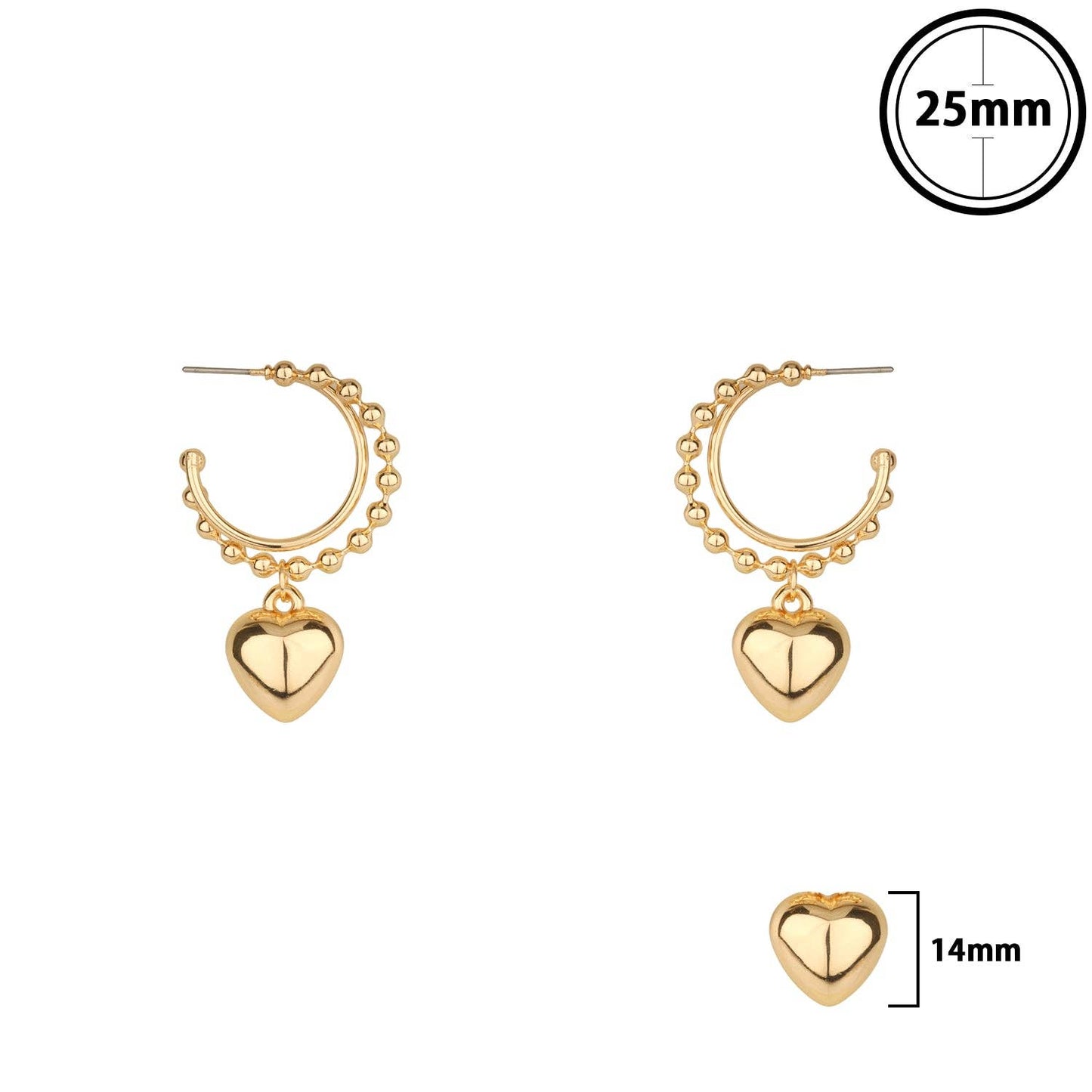 Gold Two Layered Beaded Hoop with Puffy Heart Drop 1.5" Earring 7088
