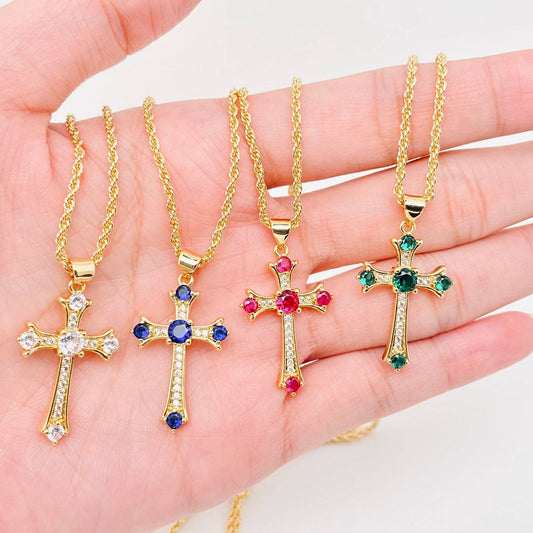 18K Gold Plated Cubic Zirconia Cross Pendant Necklace