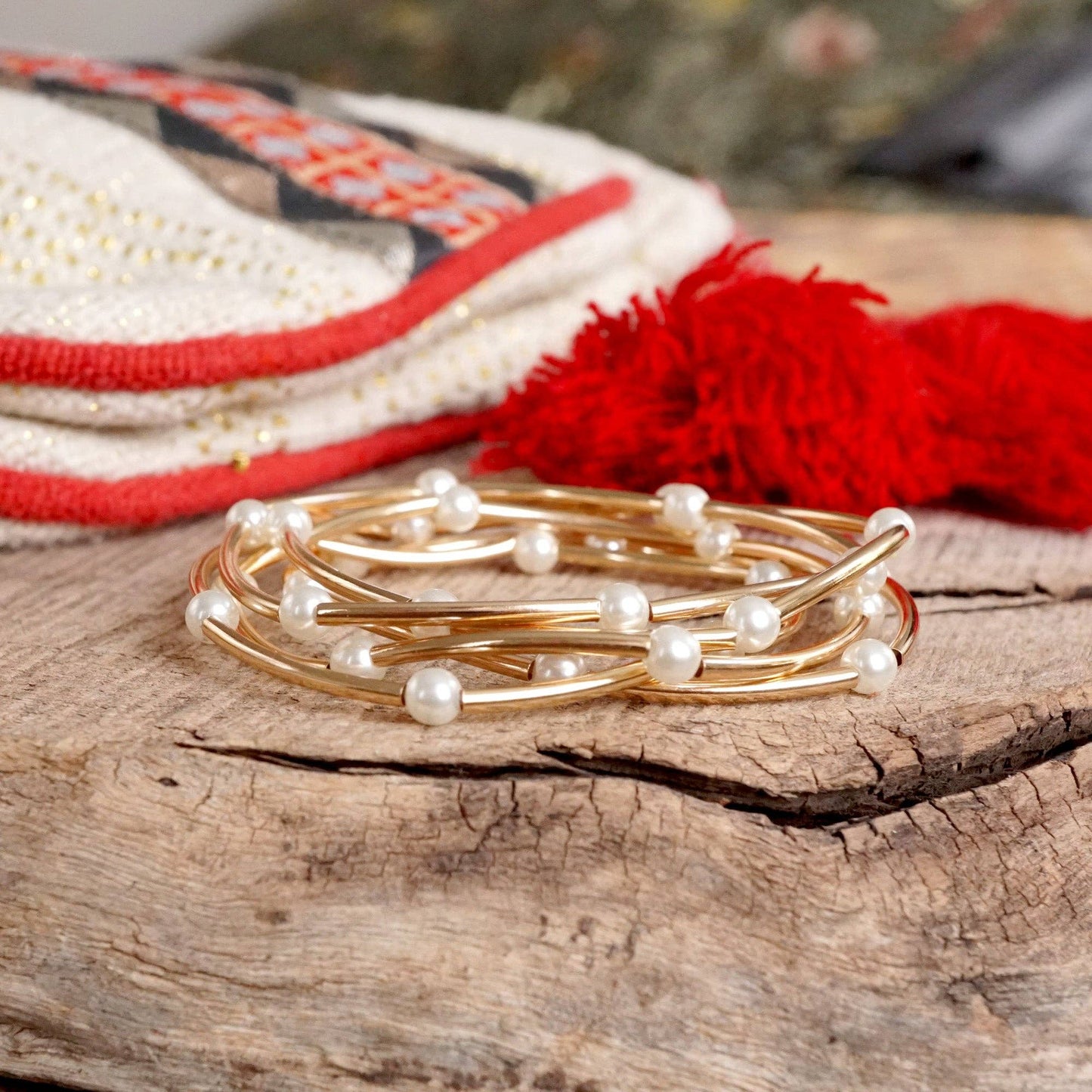 Pearls and Gold Tubes classic bracelets set 3488