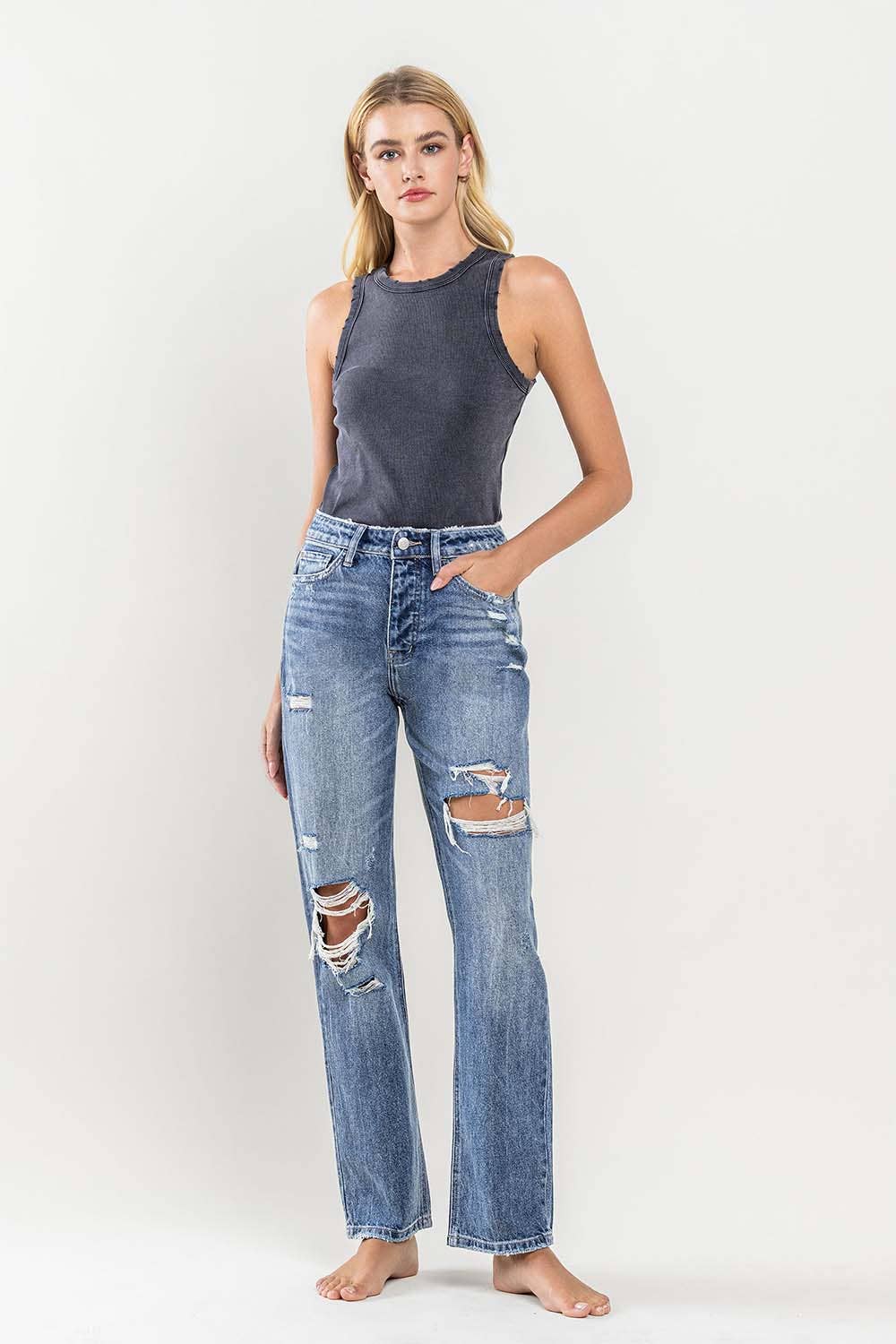 SUPER HIGH RISE DISTRESSED STRAIGHT JEANS
