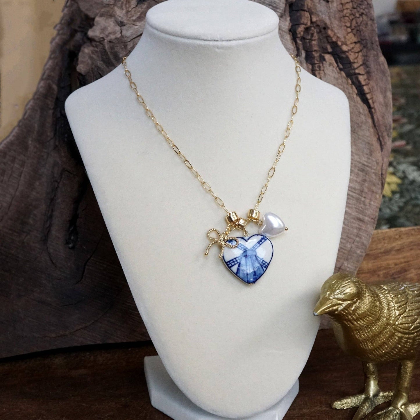 Multi-Charm Chinoiserie Heart & Bow Necklace – Blue & Gold
