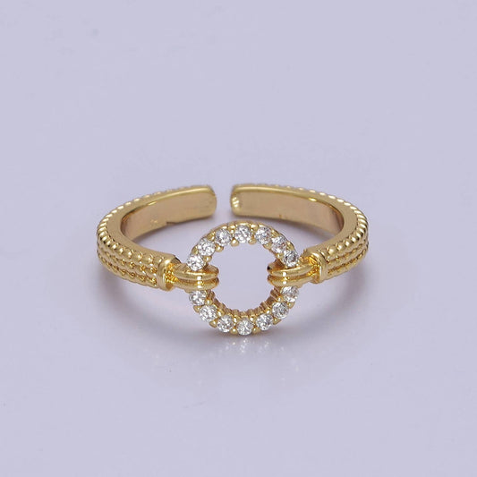 Micro Pave Geometric Round Shape Gold Open Ring O2071