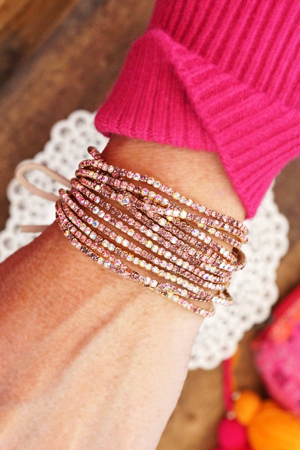 Stretch Sparkly Bracelets Set Rhinestones Pinks and Purples