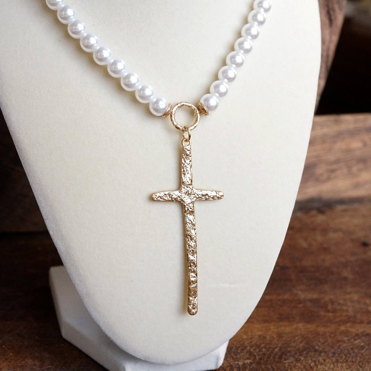 Primitive Cross Necklace Gold Pearl Beads