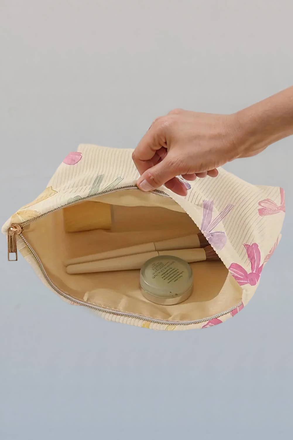 Fashion-W Bow Knot Print Zipper Corduroy Large Cosmetic Bag