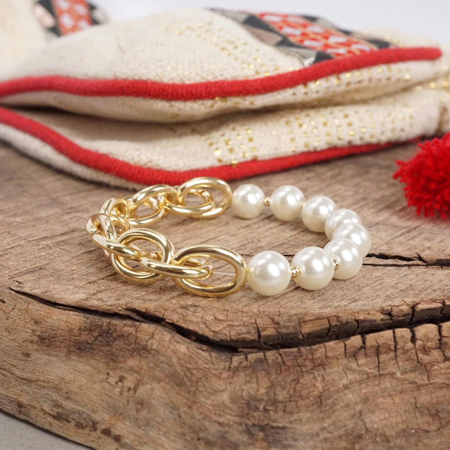 Golden Chain and large pearls beads bracelet 2894