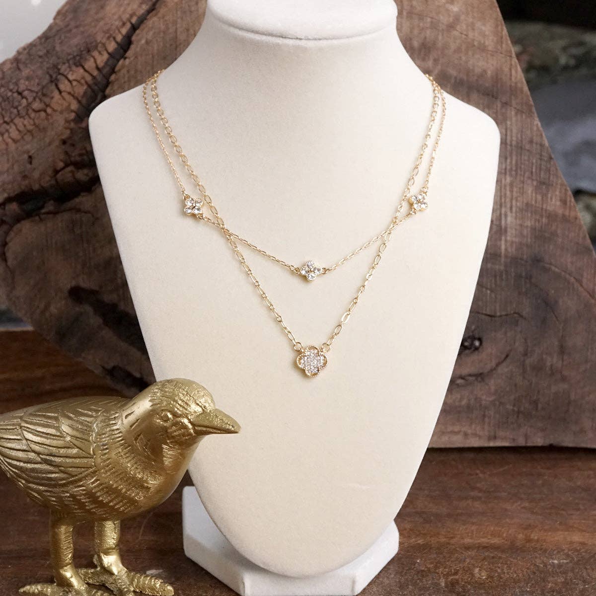 Lucky Light – Double Layer Clover Charm Necklace with Crystals