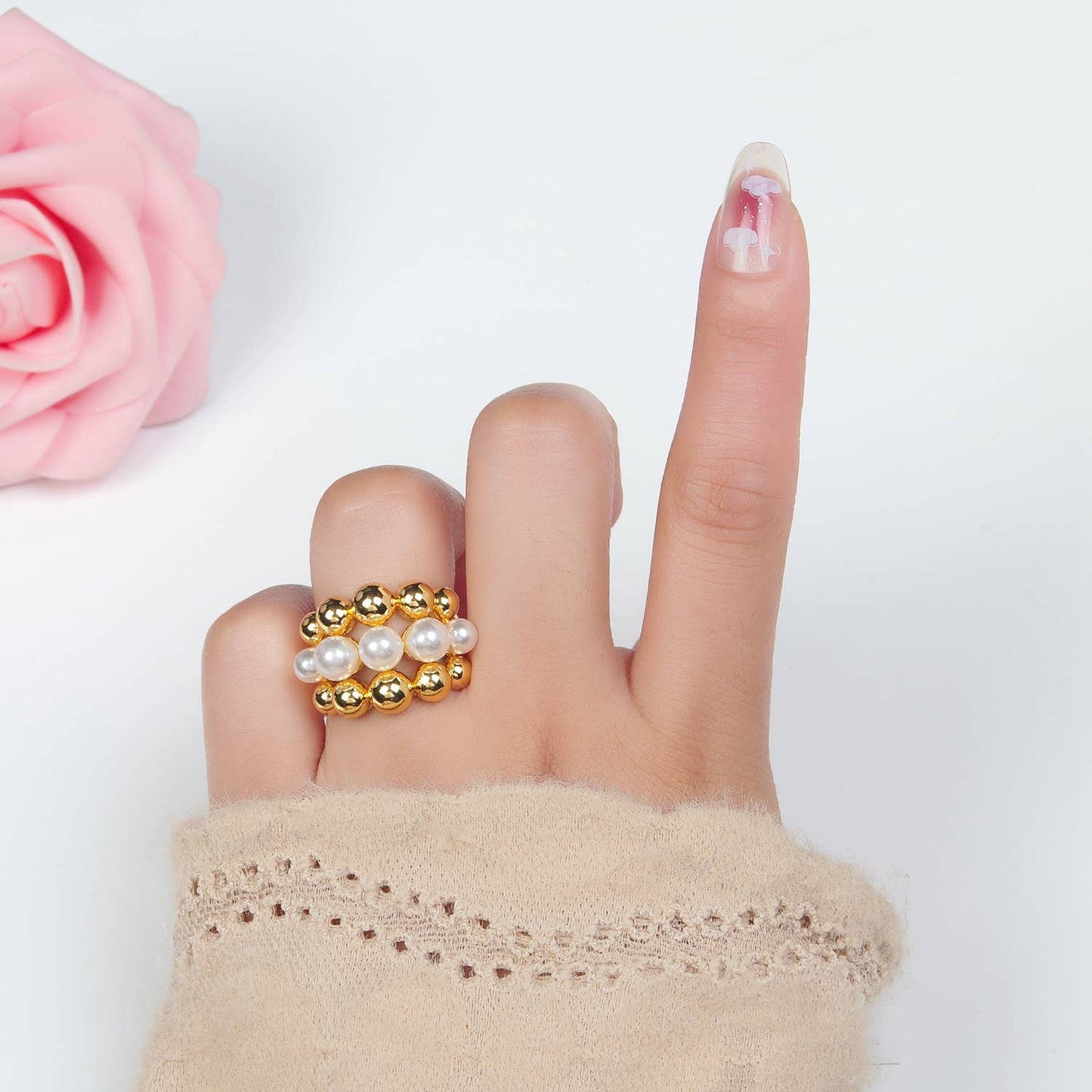 24K Gold Filled Triple Bubble Shell Pearl Ring | O-1398