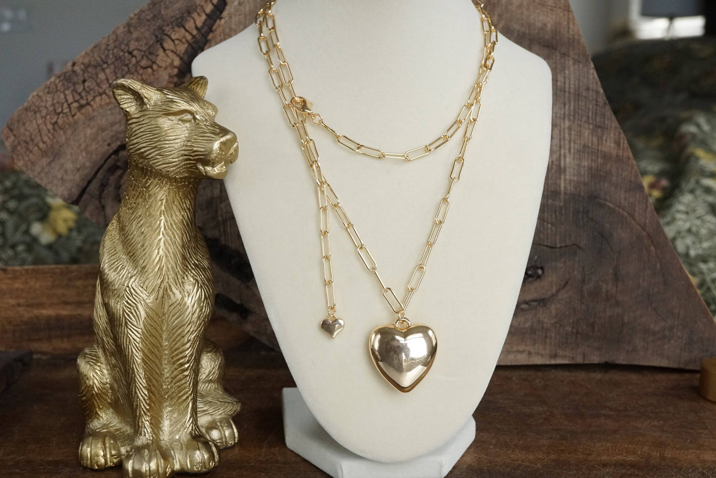Long Puffy Heart Paperclip Chain Necklace – Gold Tone