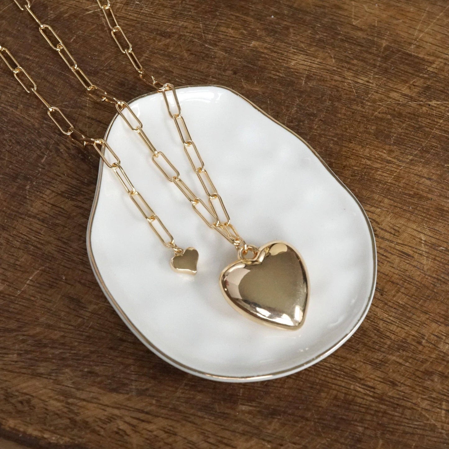 Long Puffy Heart Paperclip Chain Necklace – Gold Tone