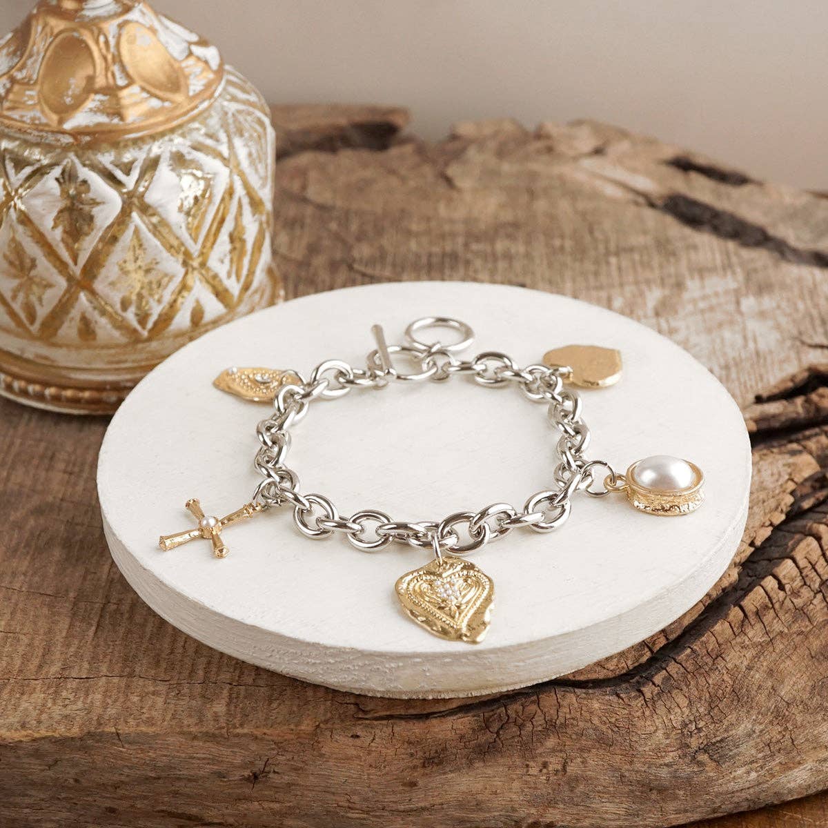 Charm Toggle Bracelet - Heart Cross Pearl – Golden Keepsake