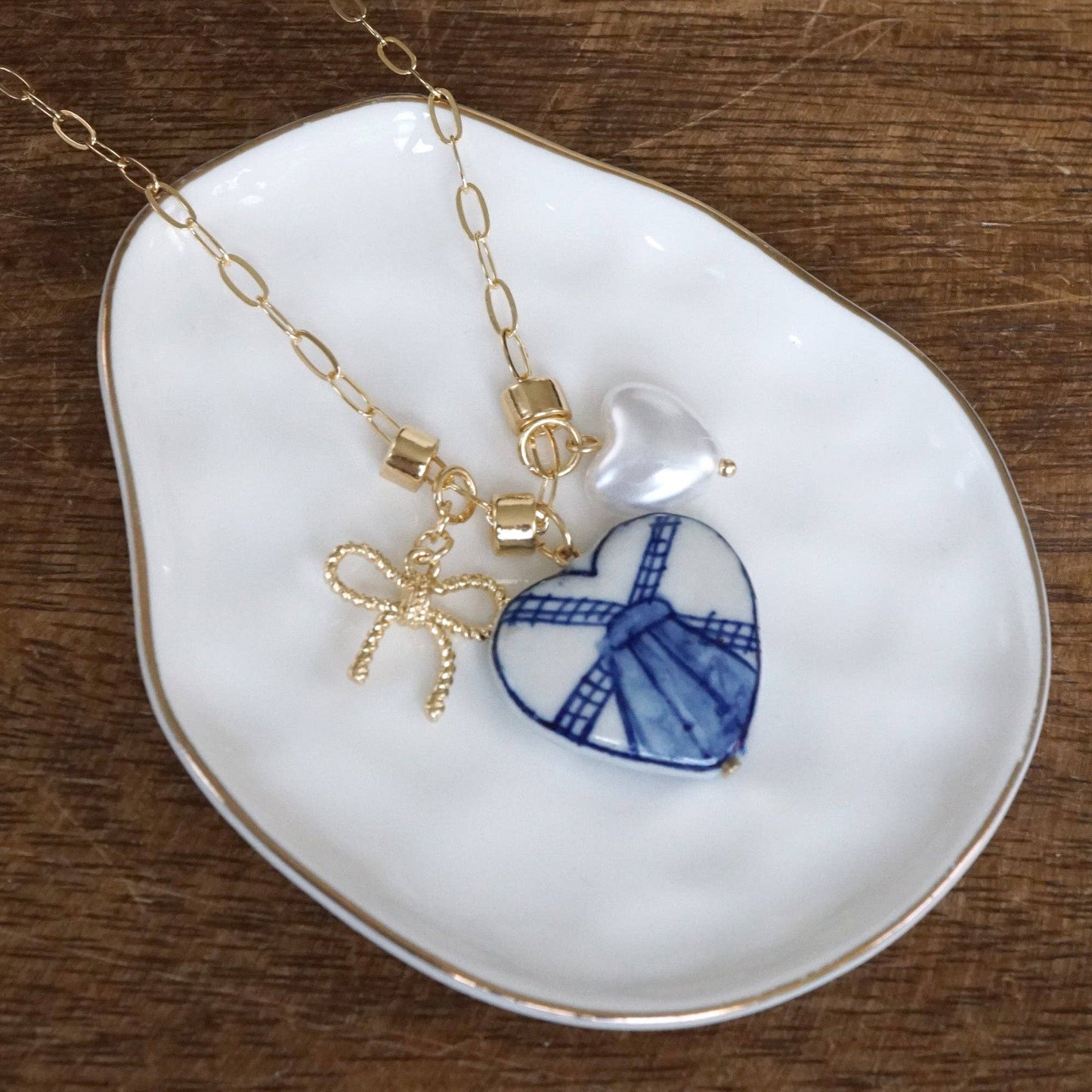 Multi-Charm Chinoiserie Heart & Bow Necklace – Blue & Gold
