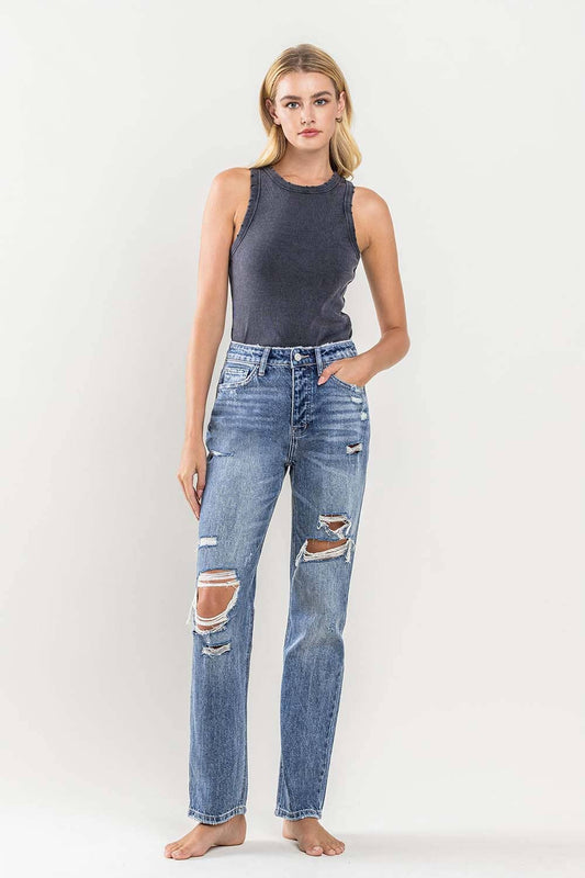 SUPER HIGH RISE DISTRESSED STRAIGHT JEANS