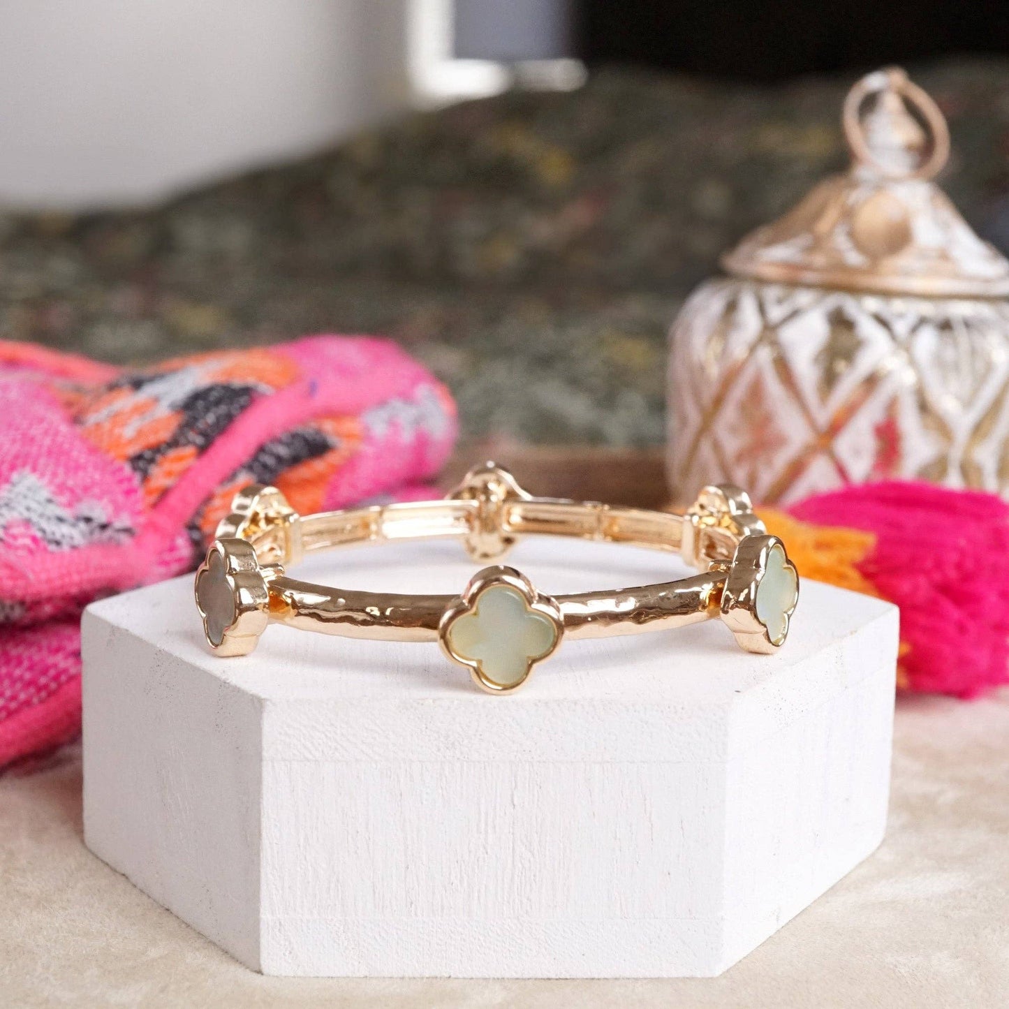 Clover Stretchy Bangle Bracelet – White, Pink, Mint, Tortoise