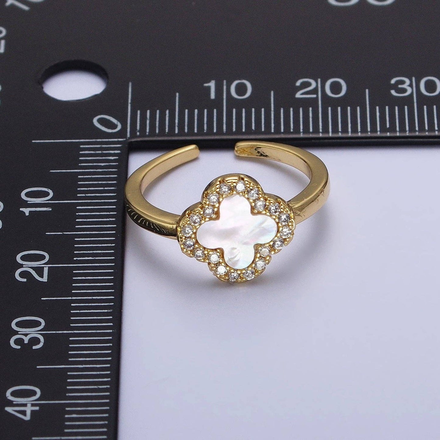 Dainty Shell Pearl Clover Ring Micro Pave Quatrefoil Ring Lucky Jewelry Four leaf Ring Y-604