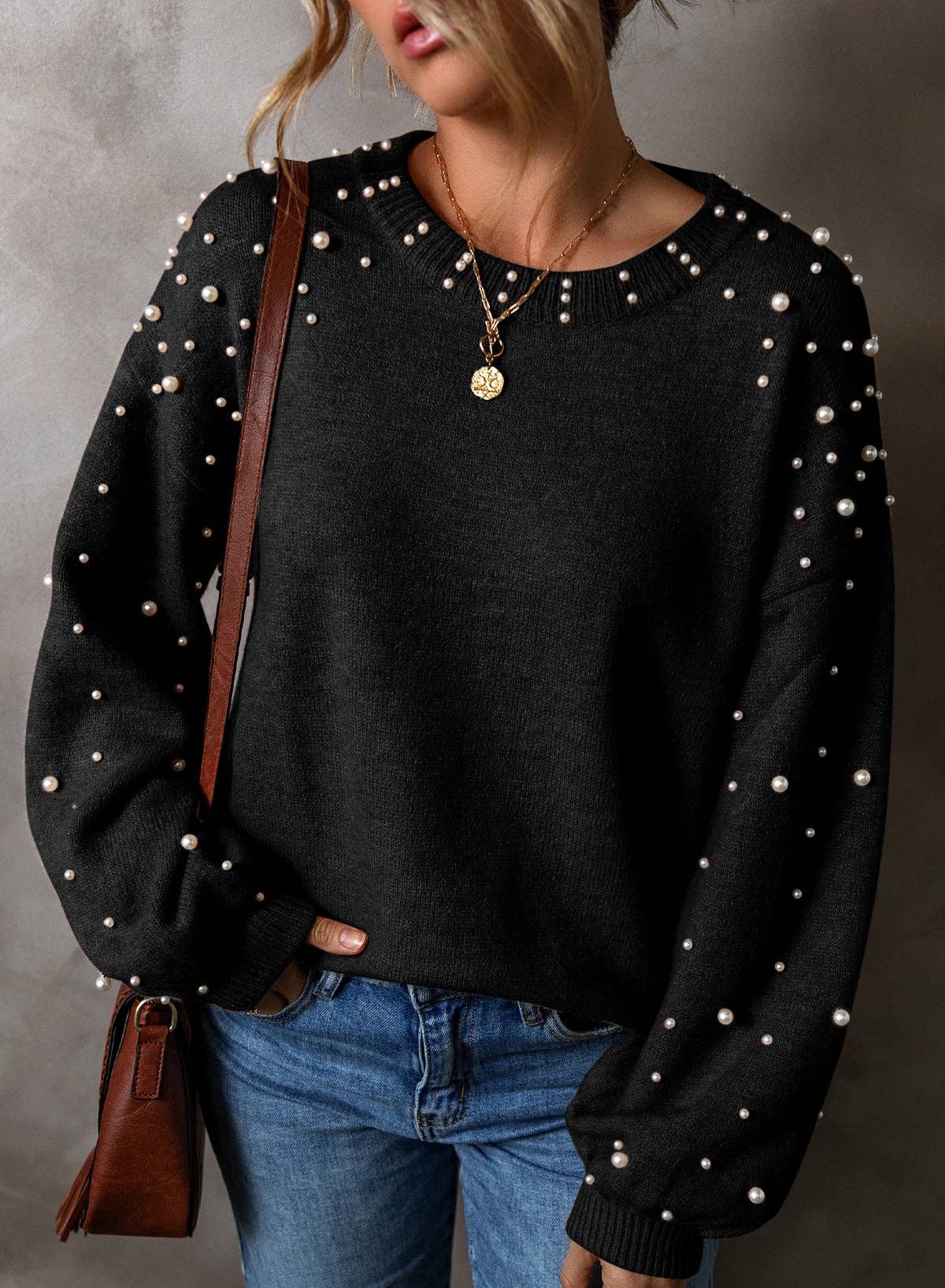 Pearl Embellished Round Neck Sweater