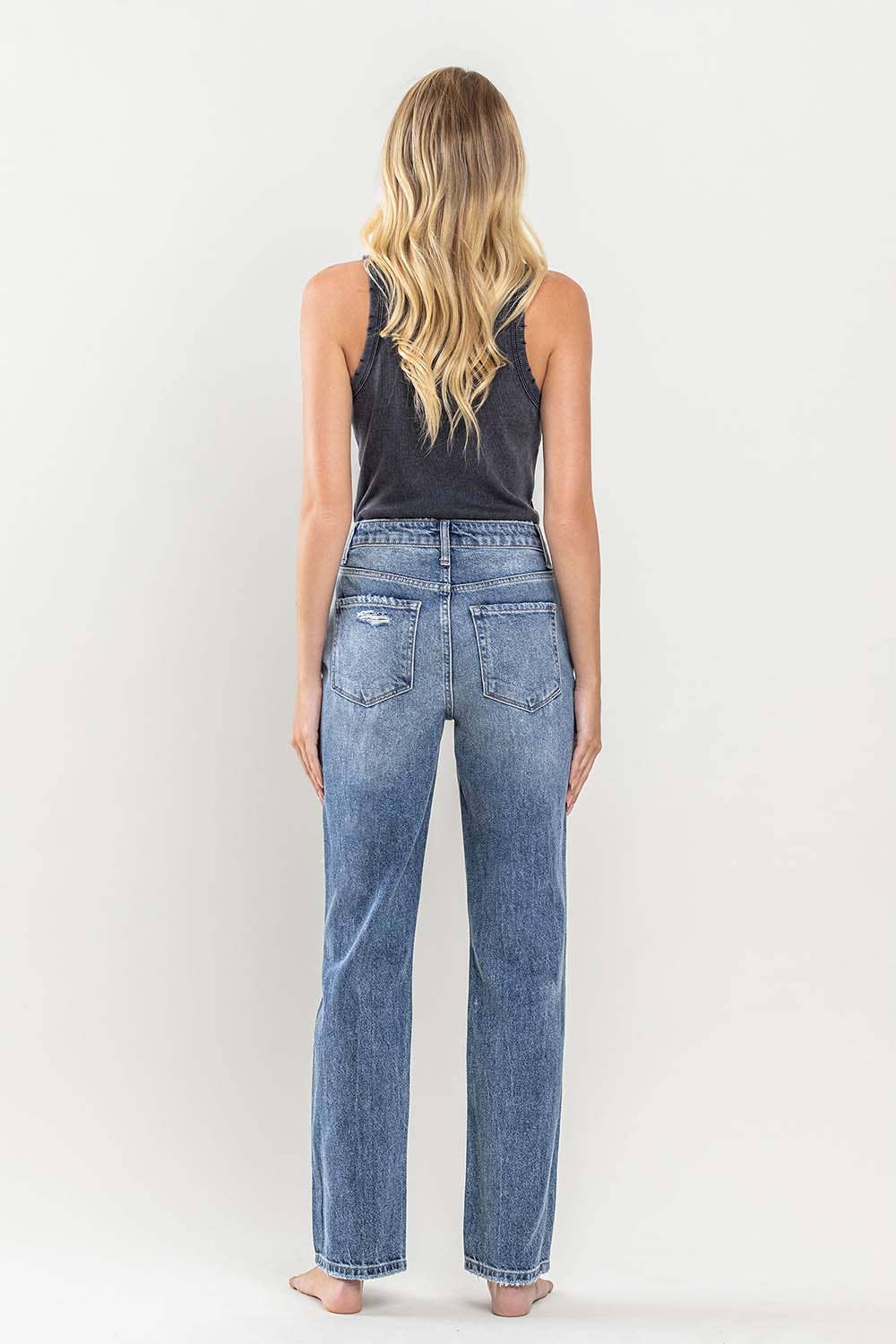 SUPER HIGH RISE DISTRESSED STRAIGHT JEANS