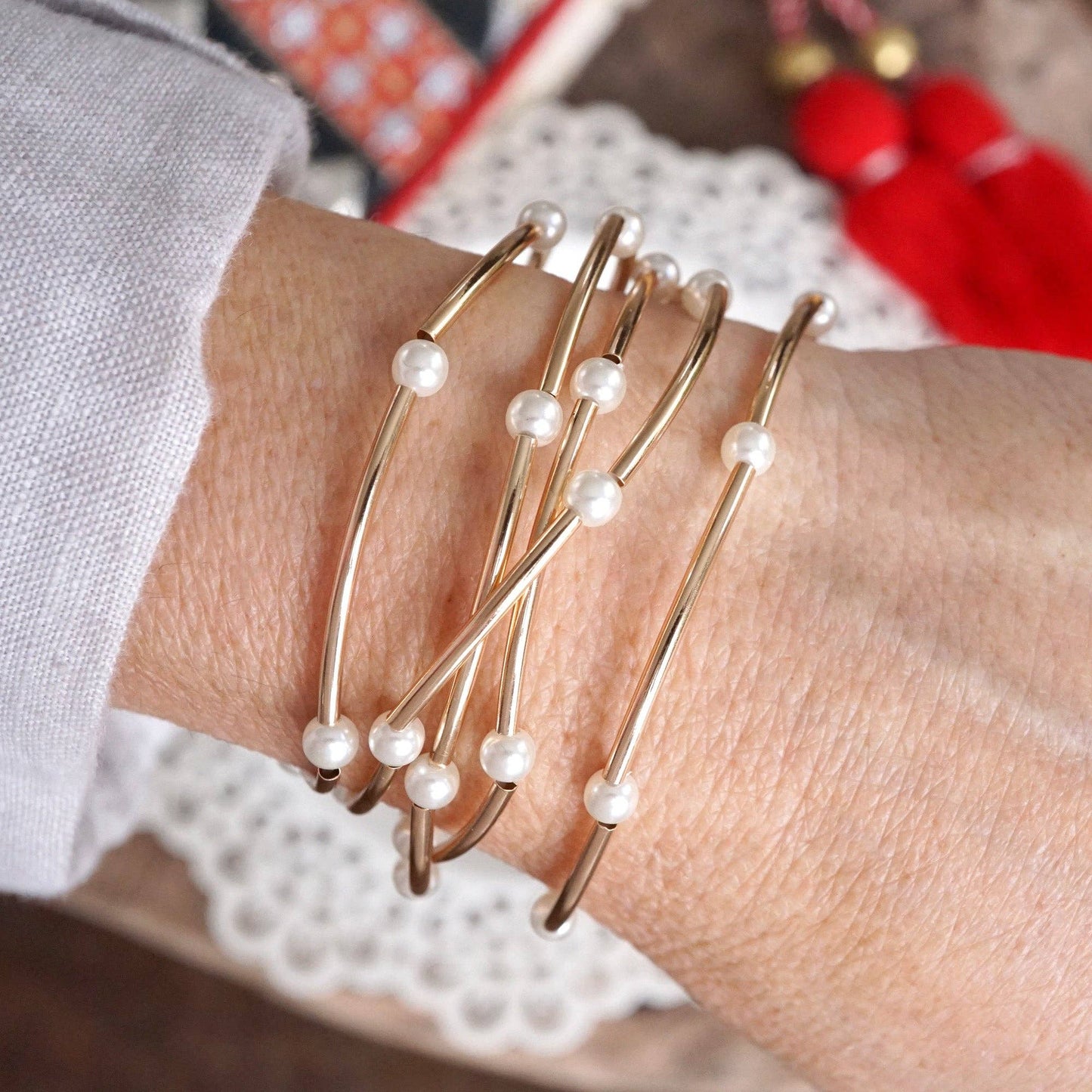 Pearls and Gold Tubes classic bracelets set 3488