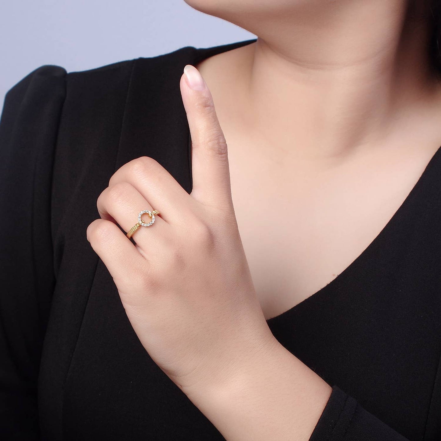 Micro Pave Geometric Round Shape Gold Open Ring O2071