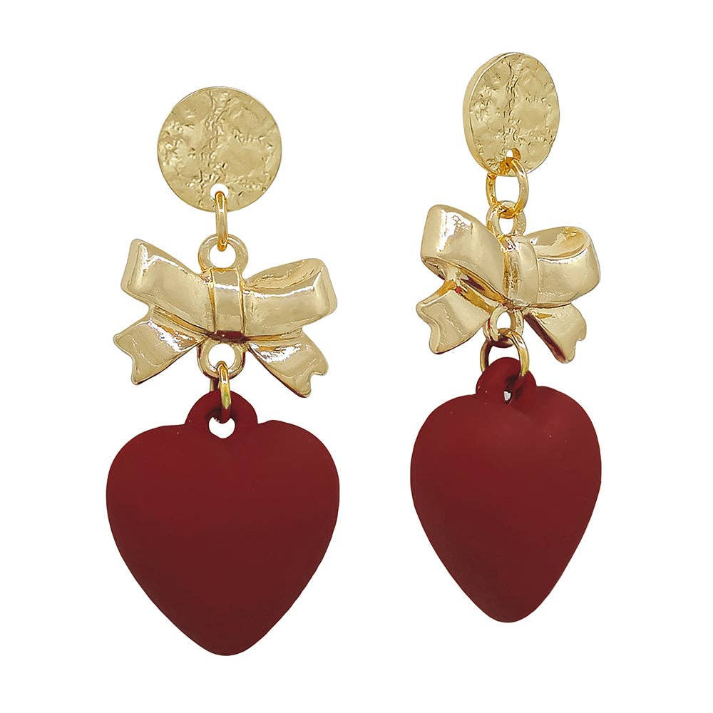Hammered Circle Stud with Gold Bow and Maroon Heart 2" Drop Earring, Gameday 5081
