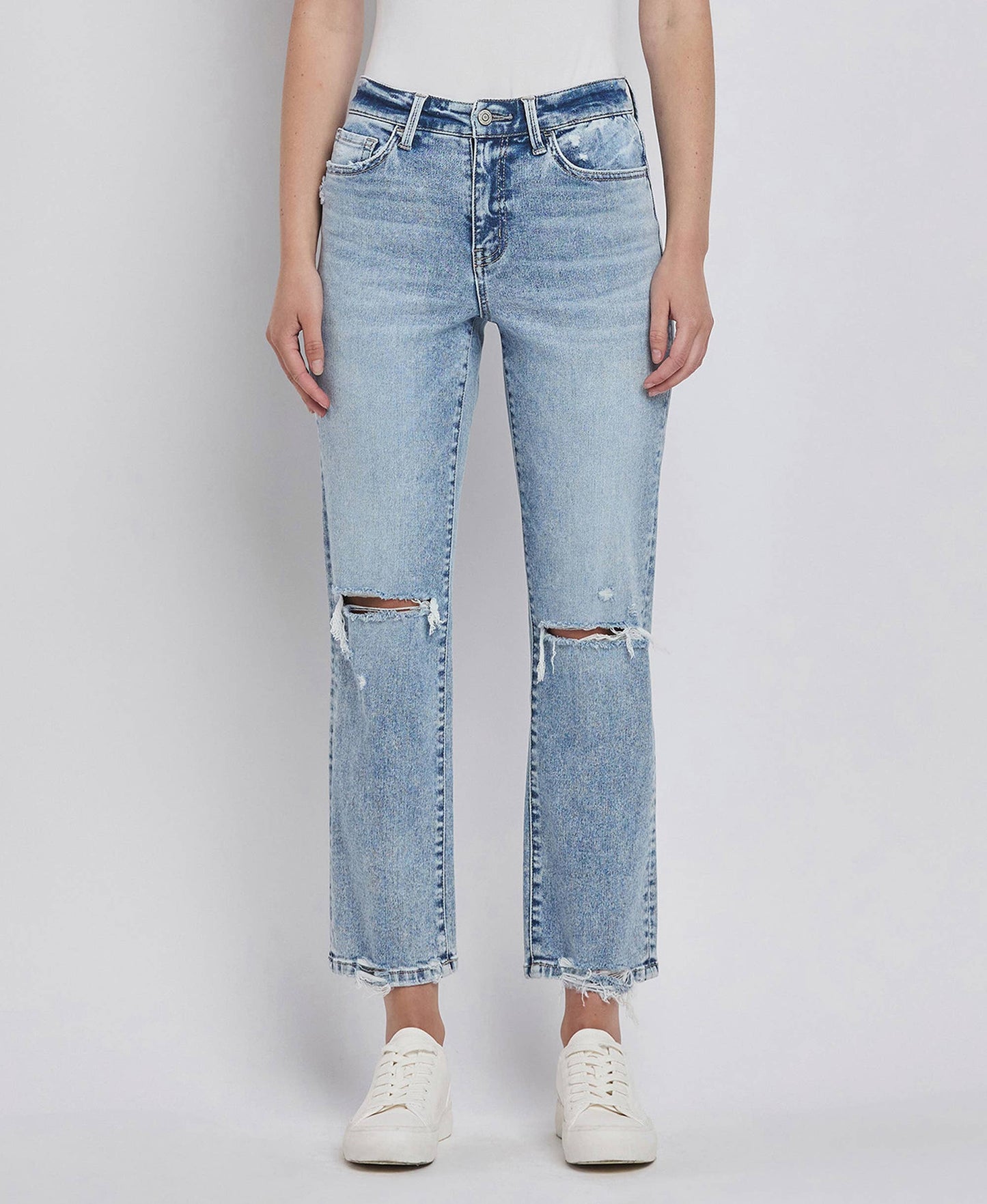 HIGH RISE DISTRESSED STRAIGHT JEANS