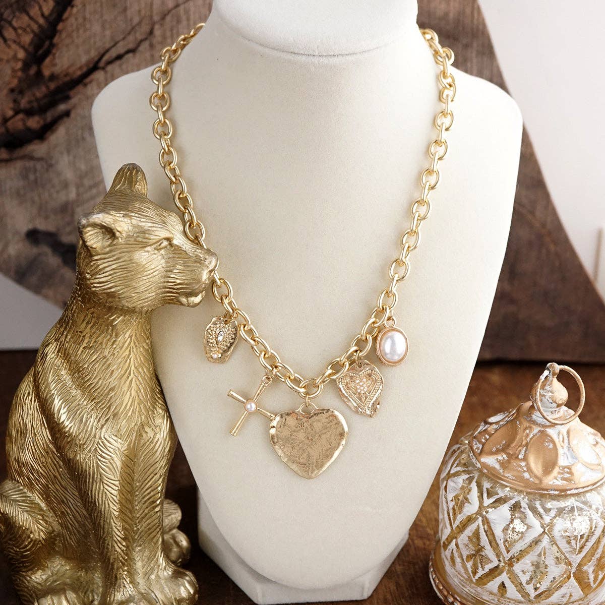 Golden Keepsake – Mixed Charm Heart Necklace