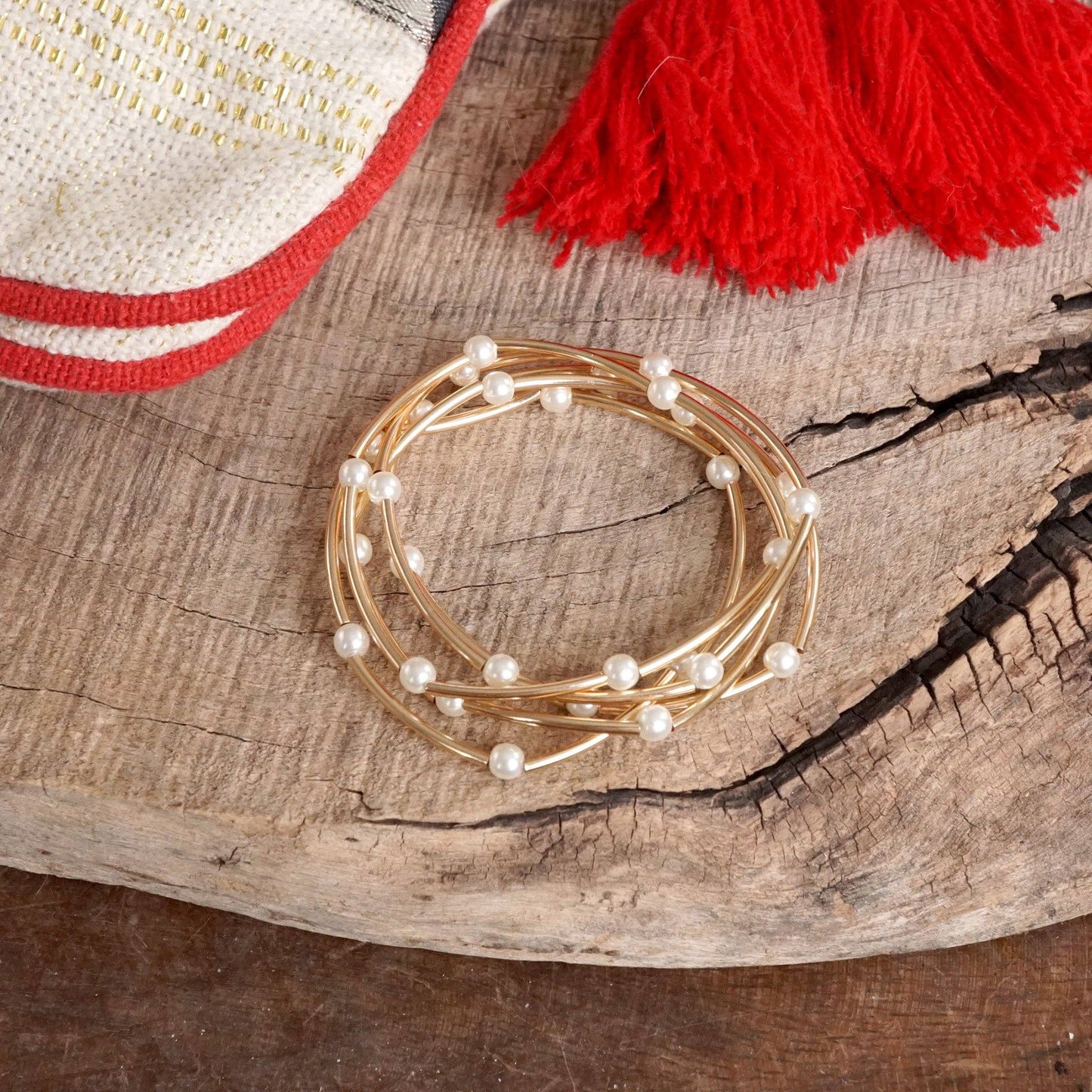 Pearls and Gold Tubes classic bracelets set 3488