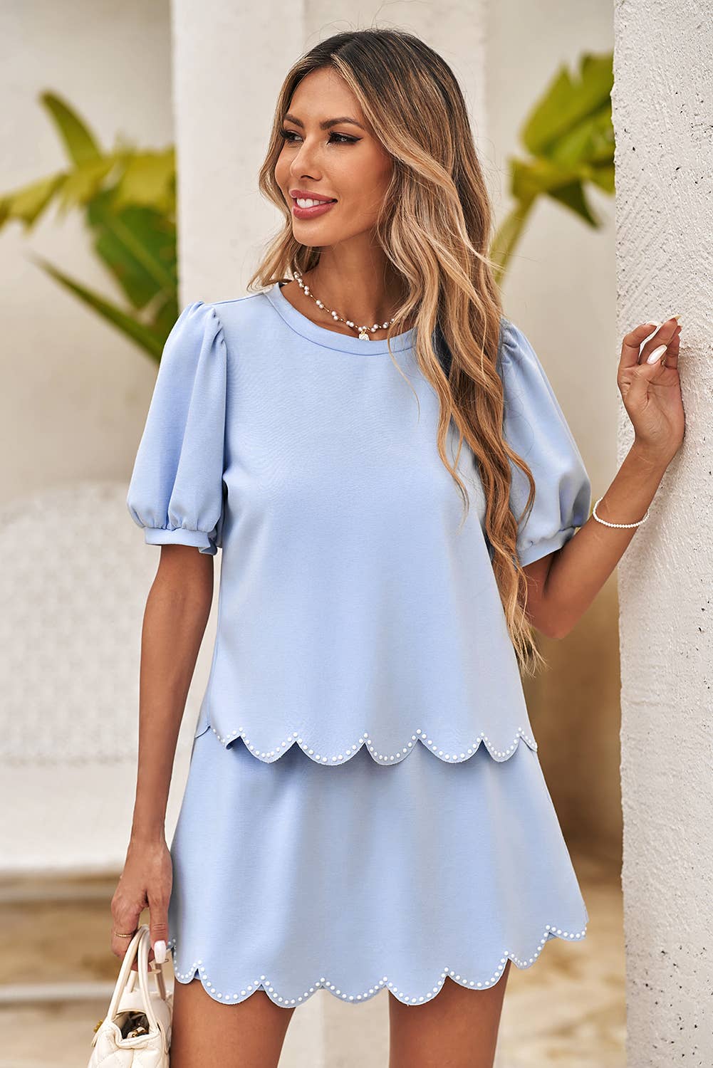 Puff Sleeve Pearl Beaded Scallop Trim Top 2 Piece Skort