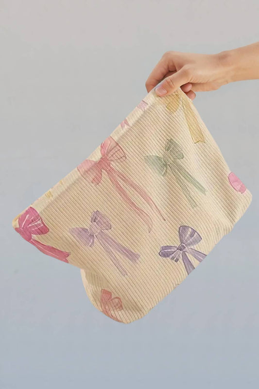 Fashion-W Bow Knot Print Zipper Corduroy Large Cosmetic Bag
