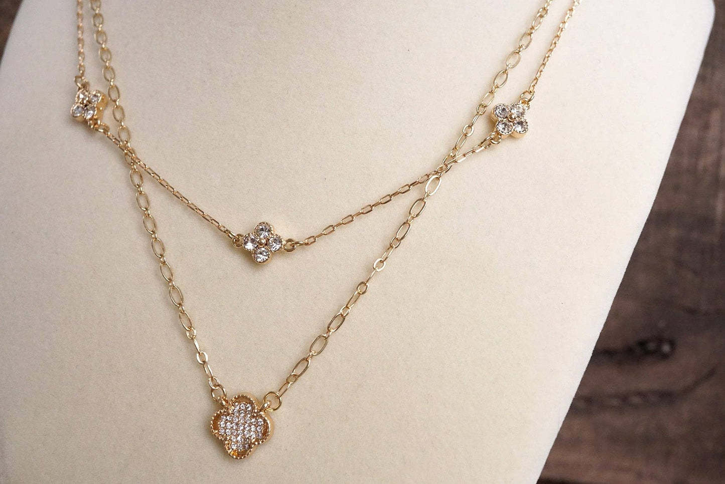 Lucky Light – Double Layer Clover Charm Necklace with Crystals