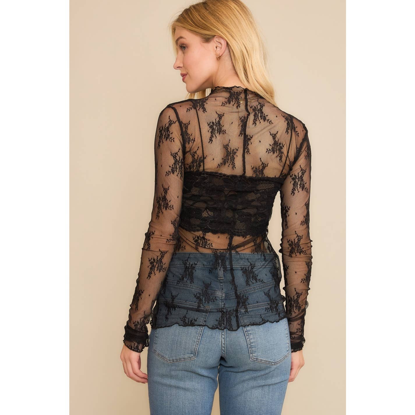 MESH LACE LONG SLEEVE FITTED TOP