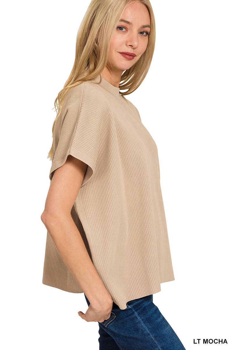 Viscose Mock Neck Short Sleeve Boxy Sweater SI-28297 Zenana