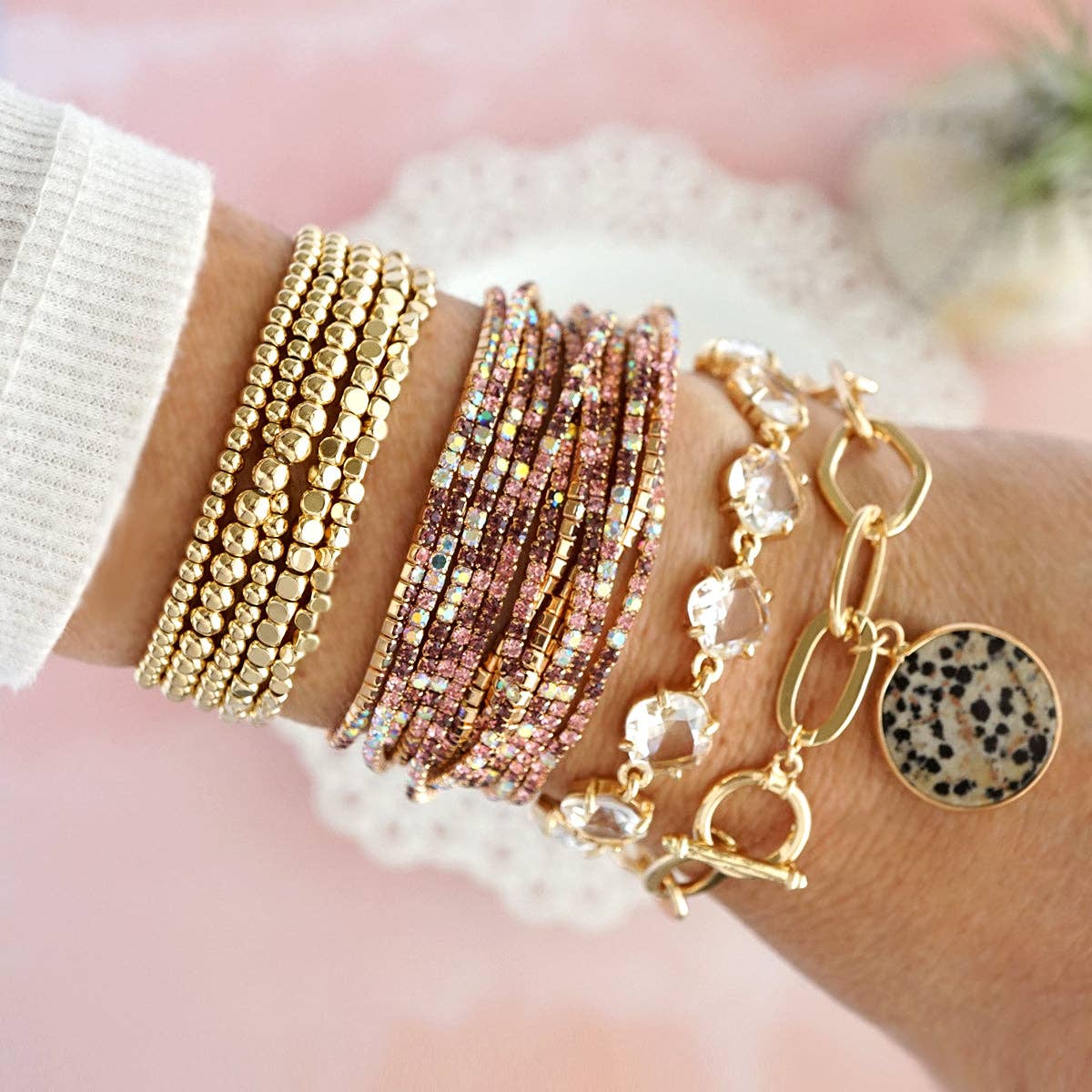 Stretch Sparkly Bracelets Set Rhinestones Pinks and Purples