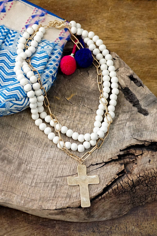 Multi Strand Wooden Beads Cross Necklace
