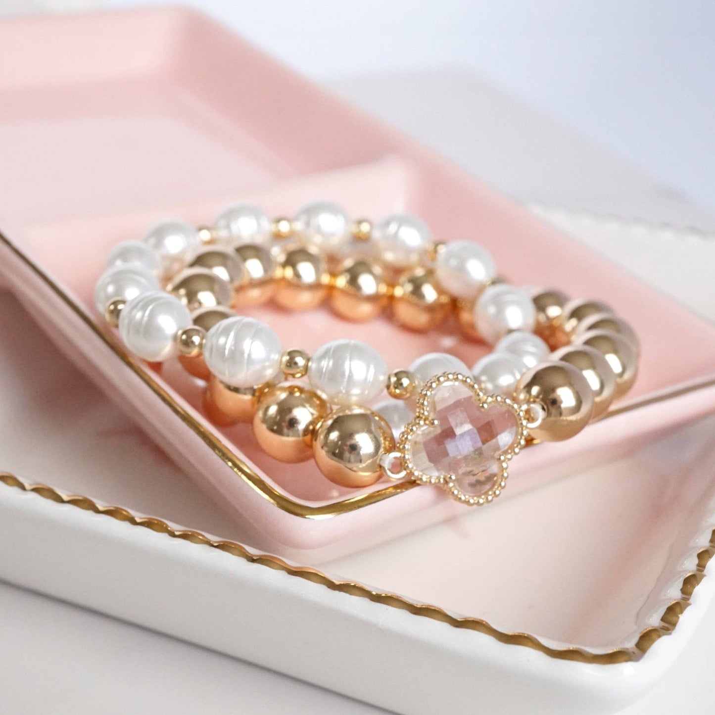 Chunky Beads & Clover Charm Statement Bracelet Set 0102