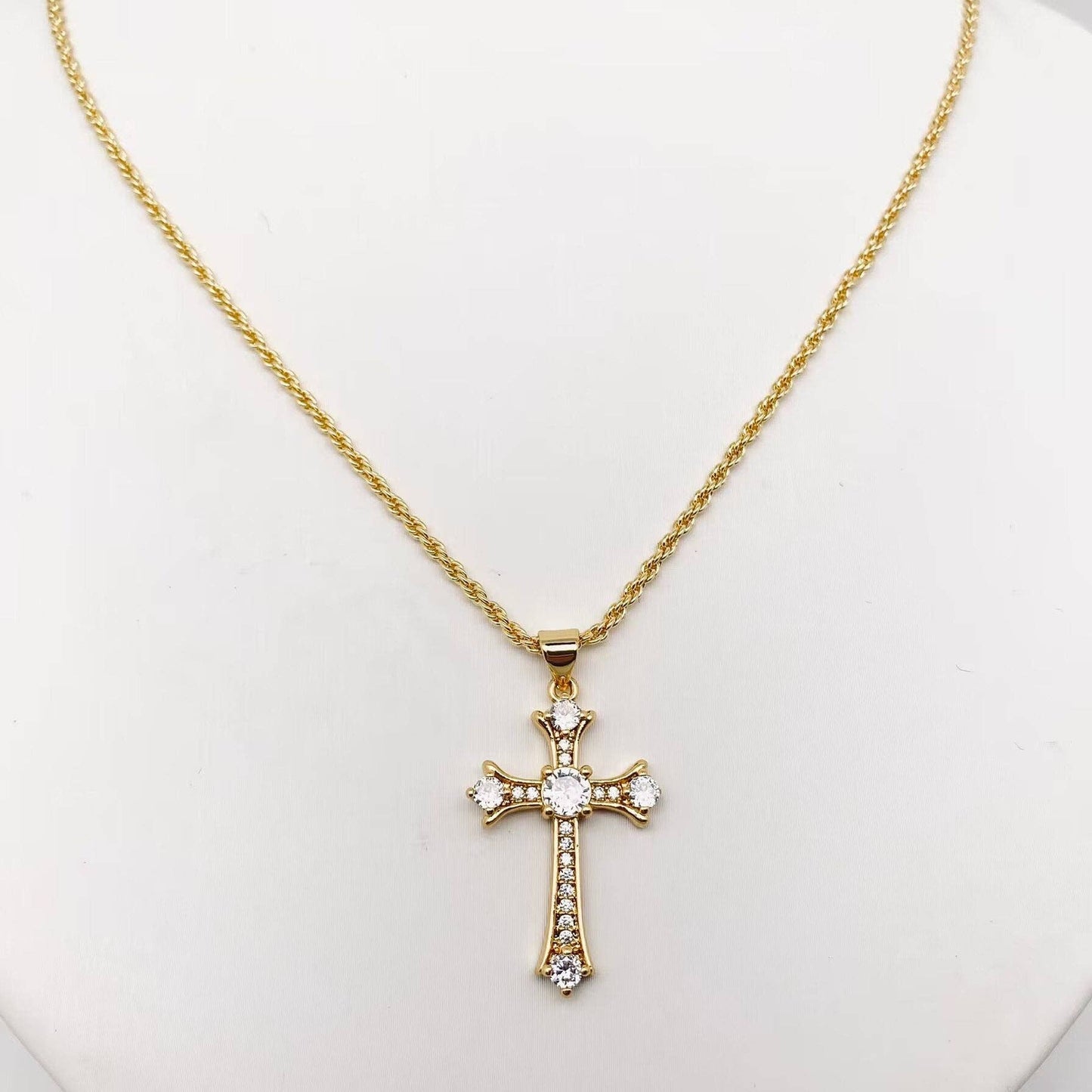 18K Gold Plated Cubic Zirconia Cross Pendant Necklace