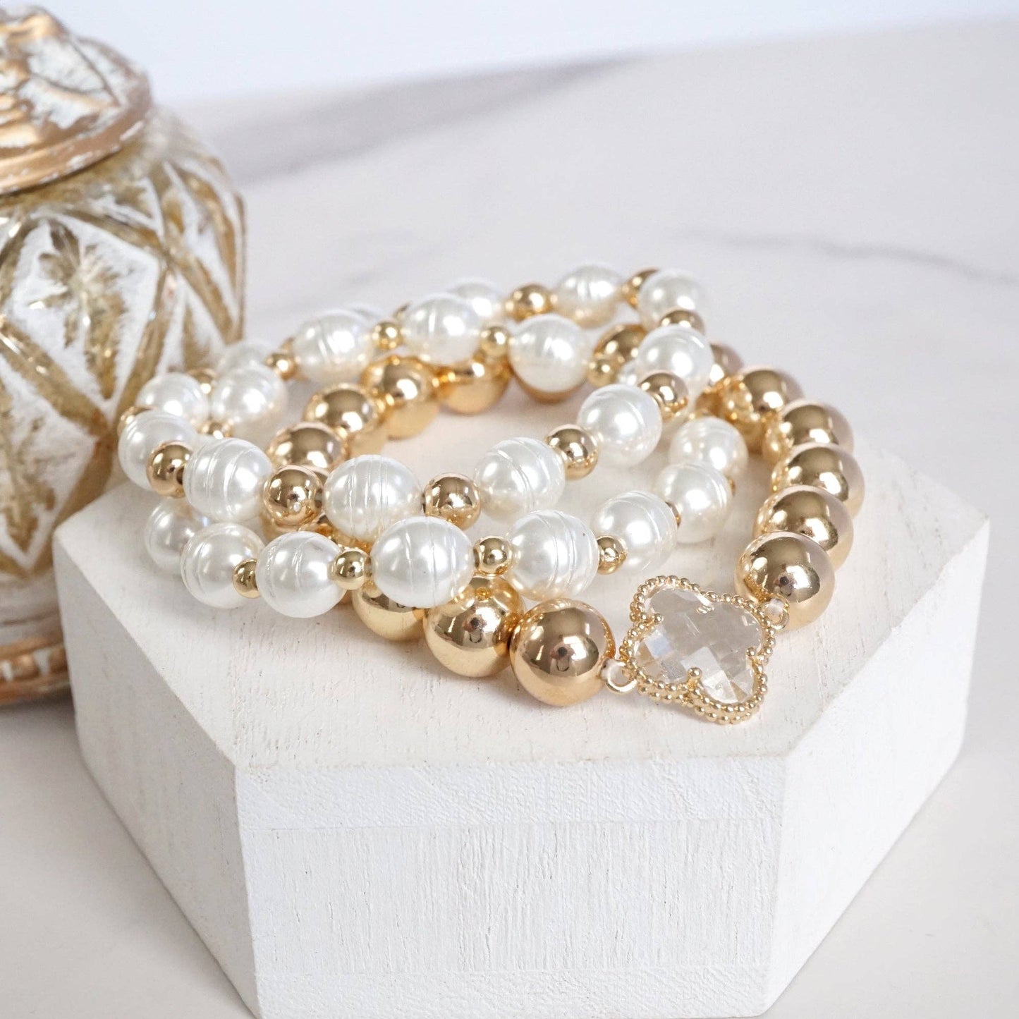 Chunky Beads & Clover Charm Statement Bracelet Set 0102