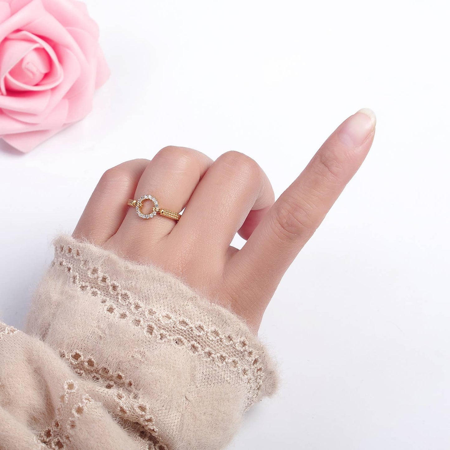 Micro Pave Geometric Round Shape Gold Open Ring O2071