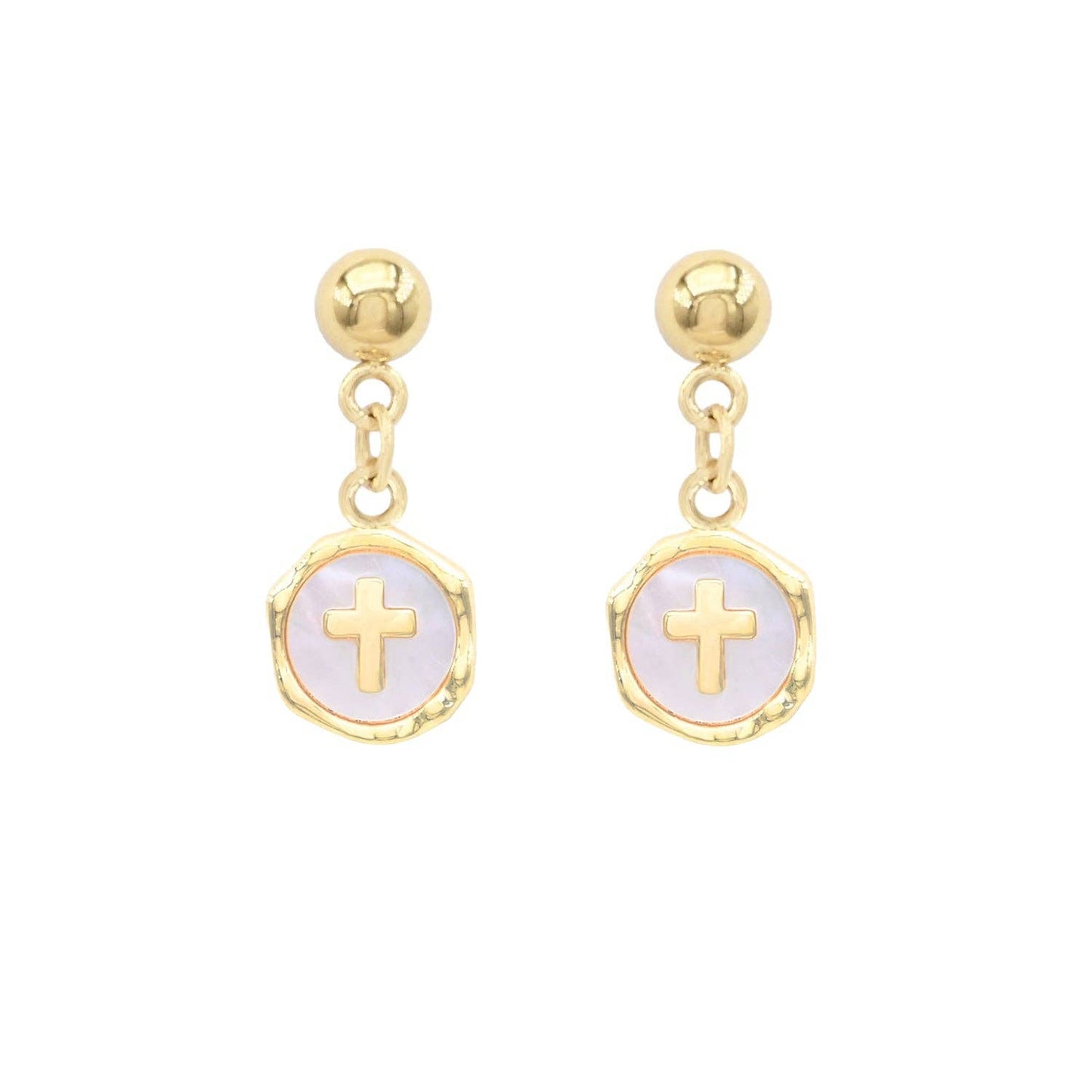 Waterproof Stainless-Steel Pearlized Circle with Gold Cross 1" Stud Drop Earring 3338