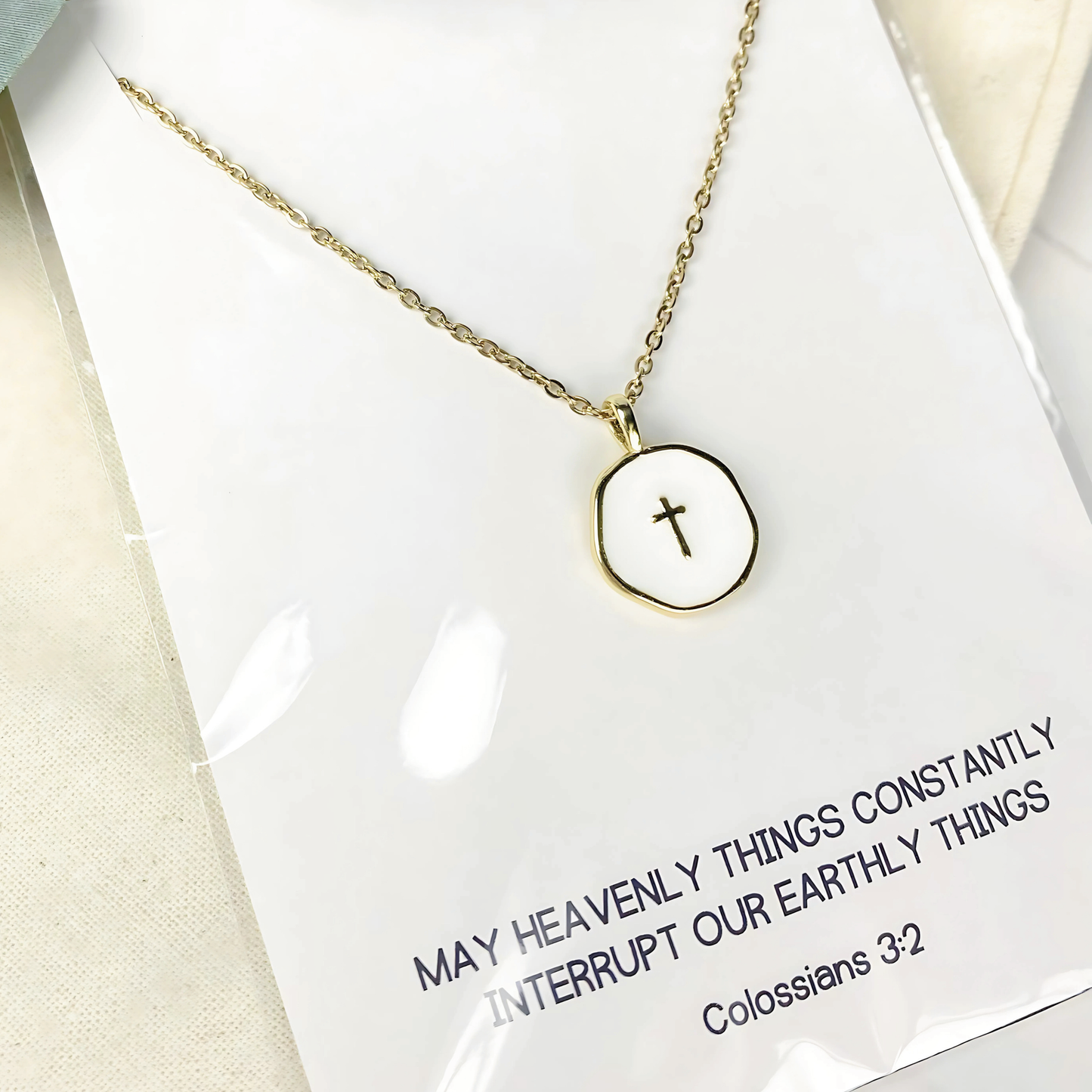Gold and White Cross Charm Necklace | Christian Jewelry