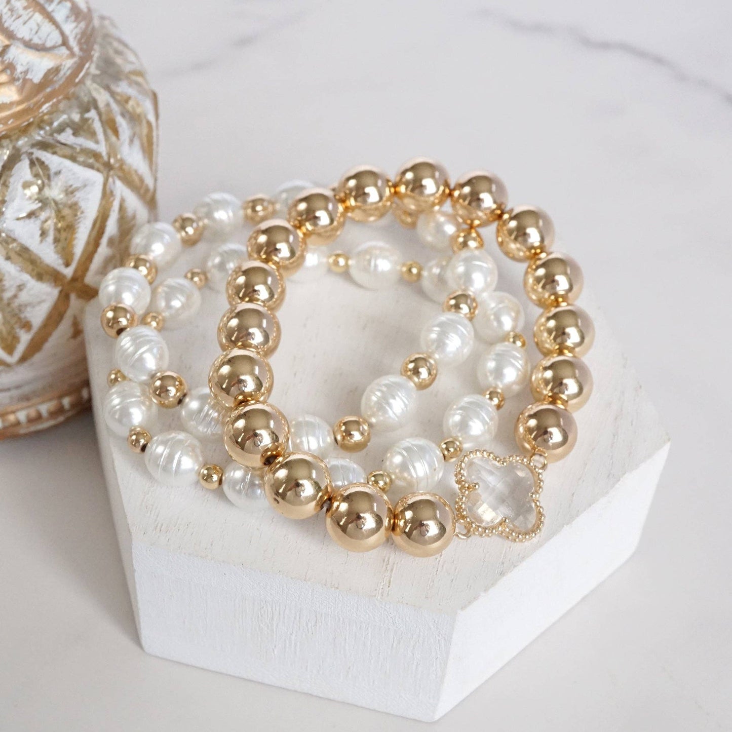 Chunky Beads & Clover Charm Statement Bracelet Set 0102