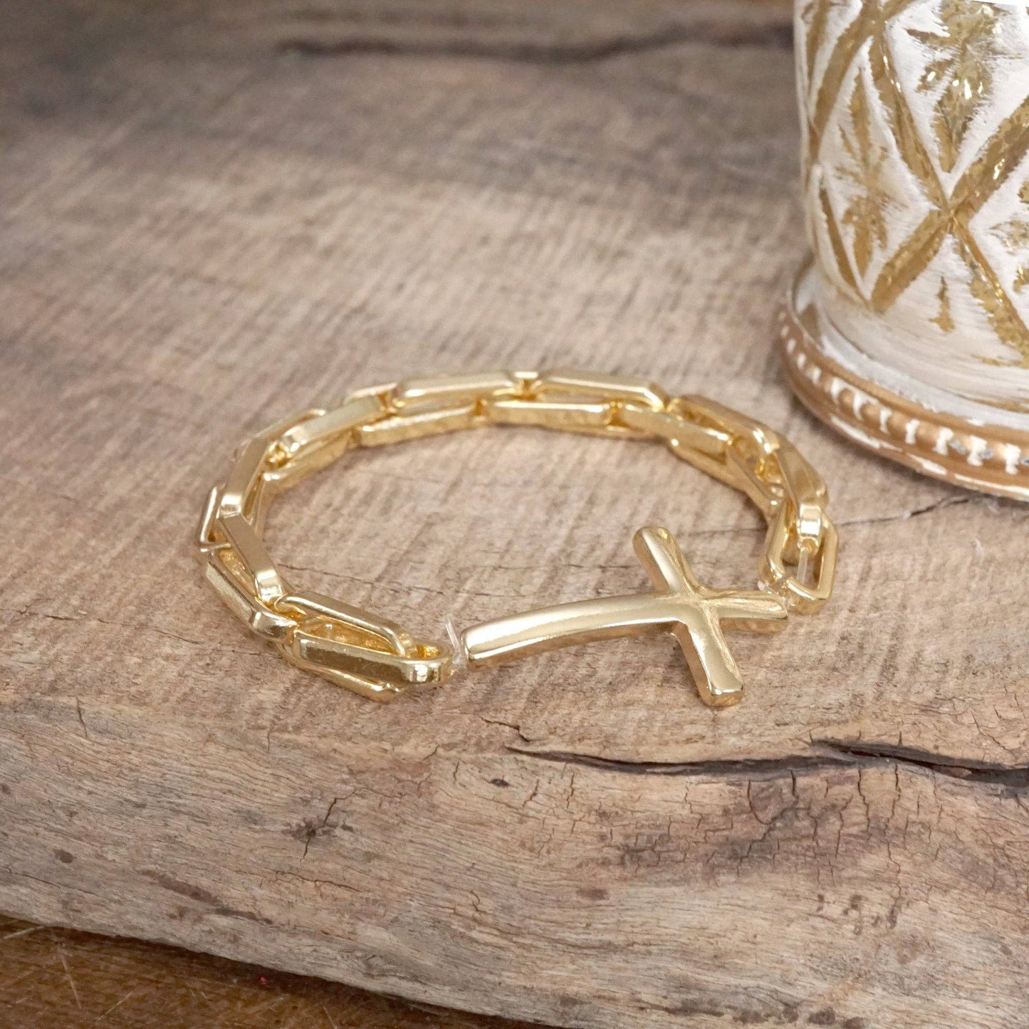 Sideways Cross Stretch Bracelet – Gold or Silver Tone