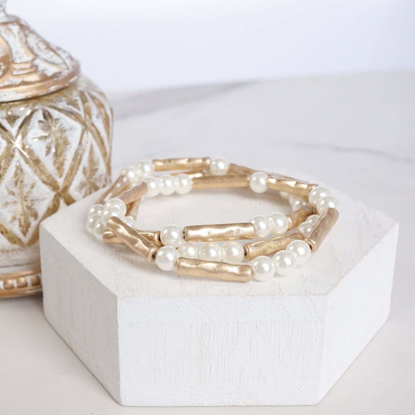 Pearls & Antique Gold Tube Beaded Bracelet Set 0073