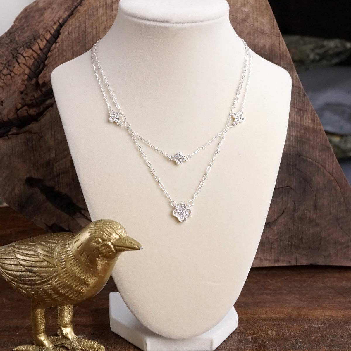 Lucky Light – Double Layer Clover Charm Necklace with Crystals