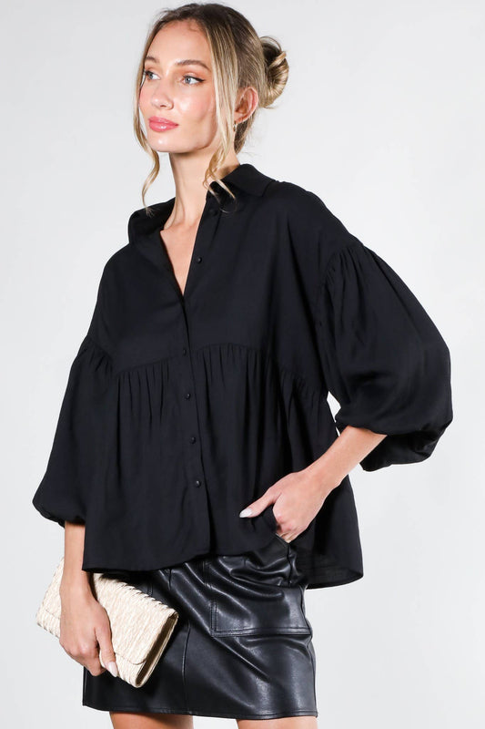Collared Balloon Sleeve Button-Up Top